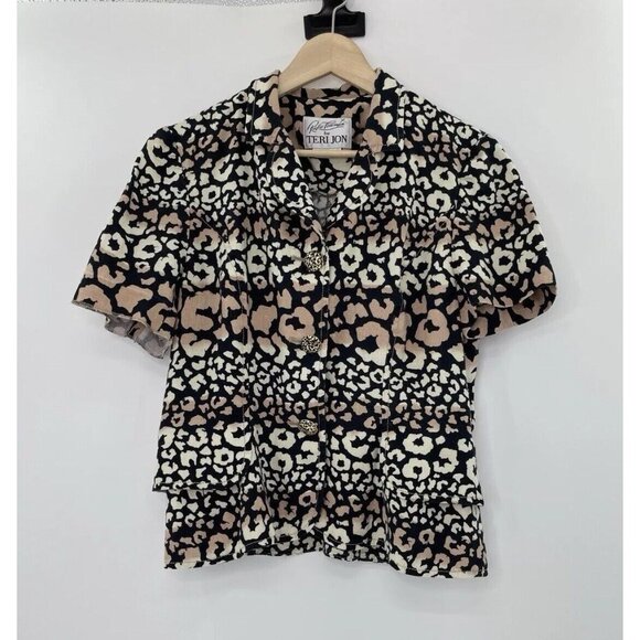 Vintage Rickie Freeman Teri Jon Blazer 100% Linen Cheetah Short Sleeve Sz 8 FLAW - Picture 1 of 11